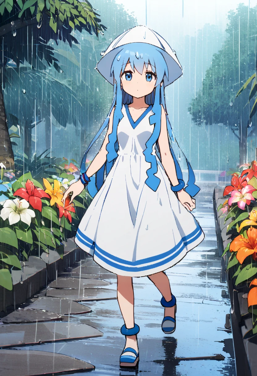  1 girl ,  white dress,  blue hair,  blue eyes,  blue bracelets, Squid Hat,  tentacle hair , blue trim for clothes , heavy rain,  at a tropical resort 、In the Rain、 woman walking on wet cobblestones 。 and a beautiful scene of dark green trees 々and colorful flowers 々Spreading、 raindrops popping on leaves is depicted in her background。