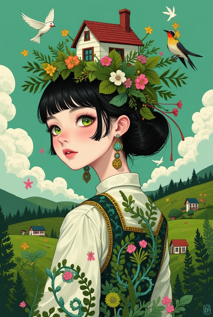  A pretty girl with green eyes ， with an elegant headband ， The hair adorns the elements of nature and the house ，With a house on her back ， with a house on her head ， The background is dense trees and rolling hills。 hand drawn illustration style， cute cartoon design ，Green Palette， Birds fly around her face ， The swallow rests on his shoulder ， by Hsiao Ron Cheng 