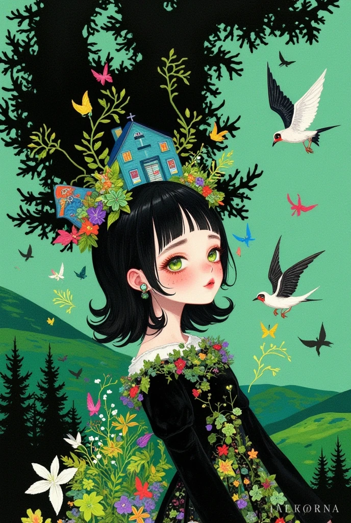  A pretty girl with green eyes ， with an elegant headband ， The hair adorns the elements of nature and the house ，With a house on her back ， with a house on her head ， The background is dense trees and rolling hills。 hand drawn illustration style， cute cartoon design ，Green Palette， Birds fly around her face ， The swallow rests on his shoulder ， by Hsiao Ron Cheng 