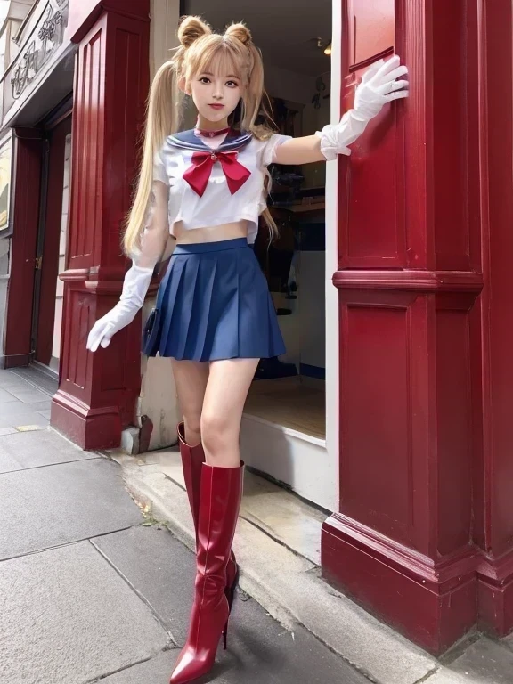 (masterpiece, best quality:1.2), (realistic, photo-realistic:1.4), RAW photo, highres, extremely detailed, intricate details, cinematic lighting, (front view, view from below:1.3), (full body, boots:1.8), (sailor moon, tsukino usagi), solo, 1girl, an yo female, (standing with spread legs), wearing (sailor senshi uniform:1.5), tall girl, (huge breasts:1.4), (long hair, blonde hair, double bun, twintails:1.4), jewelry, (fabric texture clothes, elbow-gloves, white-gloves , darkblue-collar, lowcut-skirt, darkblue-miniskirt, red-choker, red-bowtie, red-boots:1.3),,detailed face, detailed eyes, pale skin, fine-textured skin,
(peeing self,urination:1.4), (ashamed:1.2), desperate for peeing, wetting her clothes, pee runing down her legs, pee desperation pose, pee desperate face, big urine puddle,
photo background, outdoors, ((in shopping street, crowd in background)), daytime, sunny, in summer,