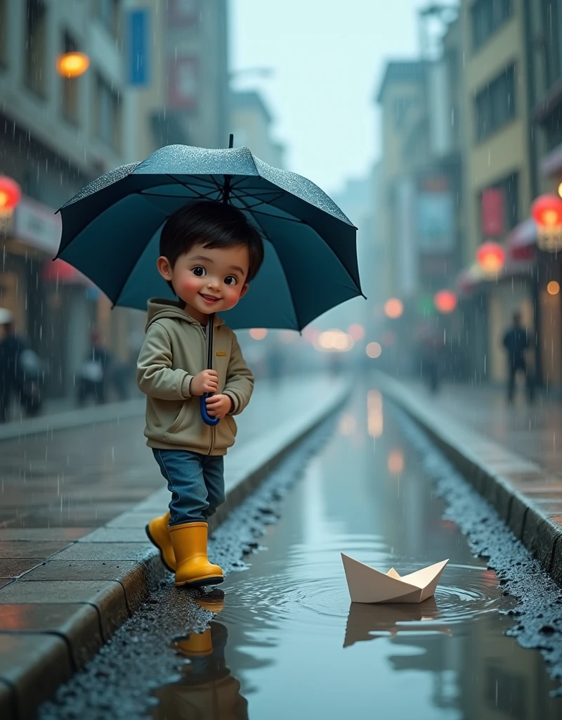 (( Maximum Quality, high detail, high color intensity ,16k render , photorealism ))  boy in a light light-colored jacket , jeans and yellow rubber boots ,  under a dark blue umbrella ( holds a dark blue umbrella in his right hand ) идет вдоль ручья на улице и смотрит как по ручью плывет paper boat( a boat made of paper ),city , rain,stream,paper boat, мальчик под зонтом смотрит на  кораблик плывущий по streamку на дороге, лужи сильный rain, cloudy, cheerful boy , photorealism ,warm emotional atmosphere ,мальчик смотрит на paper boat, the boy has a cute cheerful face ,European boy