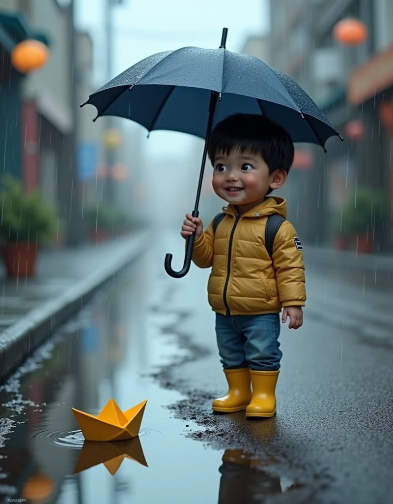 (( Maximum Quality, high detail, high color intensity ,16k render , photorealism ))  boy in a light light-colored jacket , jeans and yellow rubber boots ,  under a dark blue umbrella ( holds a dark blue umbrella in his right hand ) идет вдоль ручья на улице и смотрит как по ручью плывет paper boat( a boat made of paper ),city , rain,stream,paper boat, мальчик под зонтом смотрит на  кораблик плывущий по streamку на дороге, лужи сильный rain, cloudy, cheerful boy , photorealism ,warm emotional atmosphere ,мальчик смотрит на paper boat, the boy has a cute cheerful face ,European boy