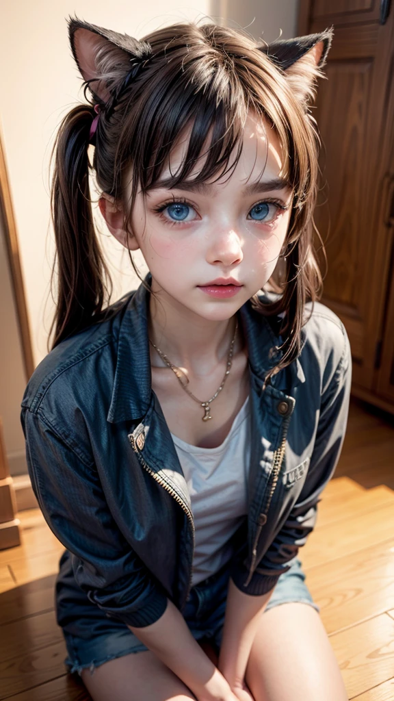 brown hair, long hair, braided hair, bangs, (blue eyes:1.3), cat ears, realistic style, pink and black outfit, casual jacket, twin tails, pink hair ribbons, natural lighting, star necklace, blush, soft expression, indoor setting, wooden floor, detailed background













