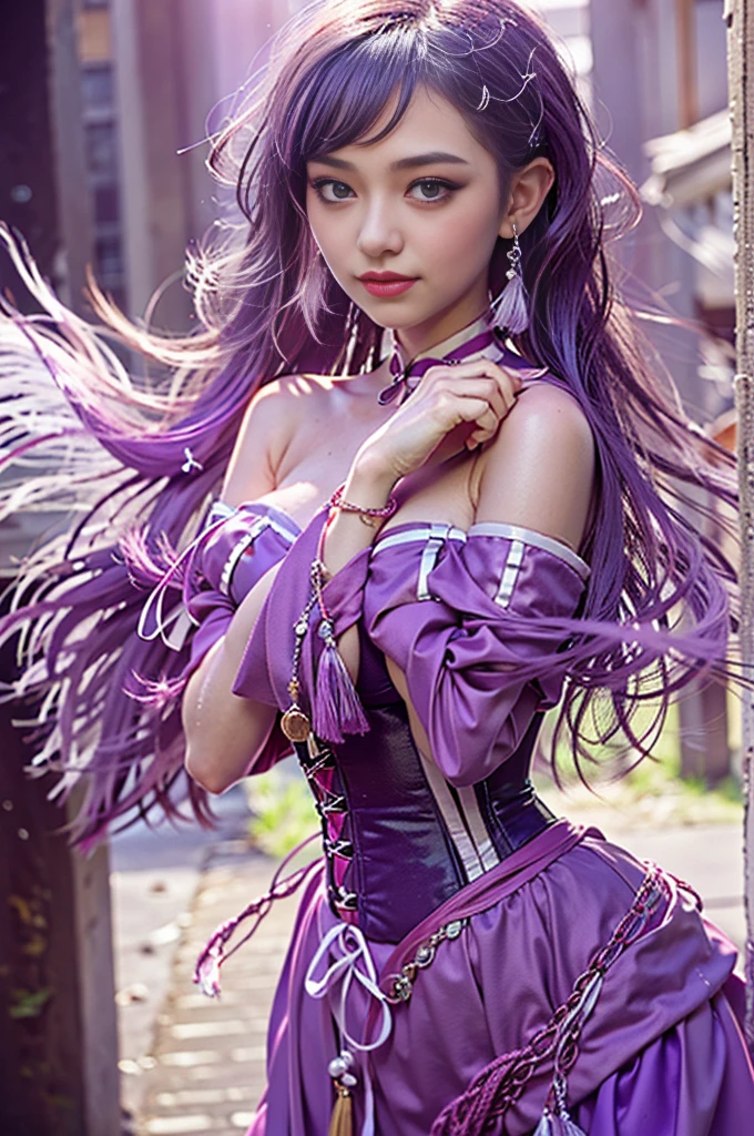 An asian woman with loose hair, standing on the stairs in the middle of a magical atmosphere, with a predominantly blue and red costume, a strapless corset-style dress decorated with bright purple jewels, a short tutu skirt, black thigh-high stockings with lace tops and ornaments purple jewels, white high heels with gold decoration, grand staircase background under mysterious sky full of stars and celestial bodies, crystal detailed, hyper realistic, hyperdetailTransparent clothing, Detailed gemstones, masterpiece, best quality:1.2),,(8k,highres,RAW photo,realistic,photo-realistic:1.3),(detailed skin texture,detailed cloth texture, beautiful detailed face:1.25),professional lighting,photon mapping,beautiful soft light,radiosity,physically-based rendering,raytracing, model shoot style, model shoot style, (extremely detailed CG unity 8k wallpaper), full shot body photo of the most beautiful artwork in the world (NSFW), (Nude), (Naked), (Nipple) (pussy) (exposed pussy) 