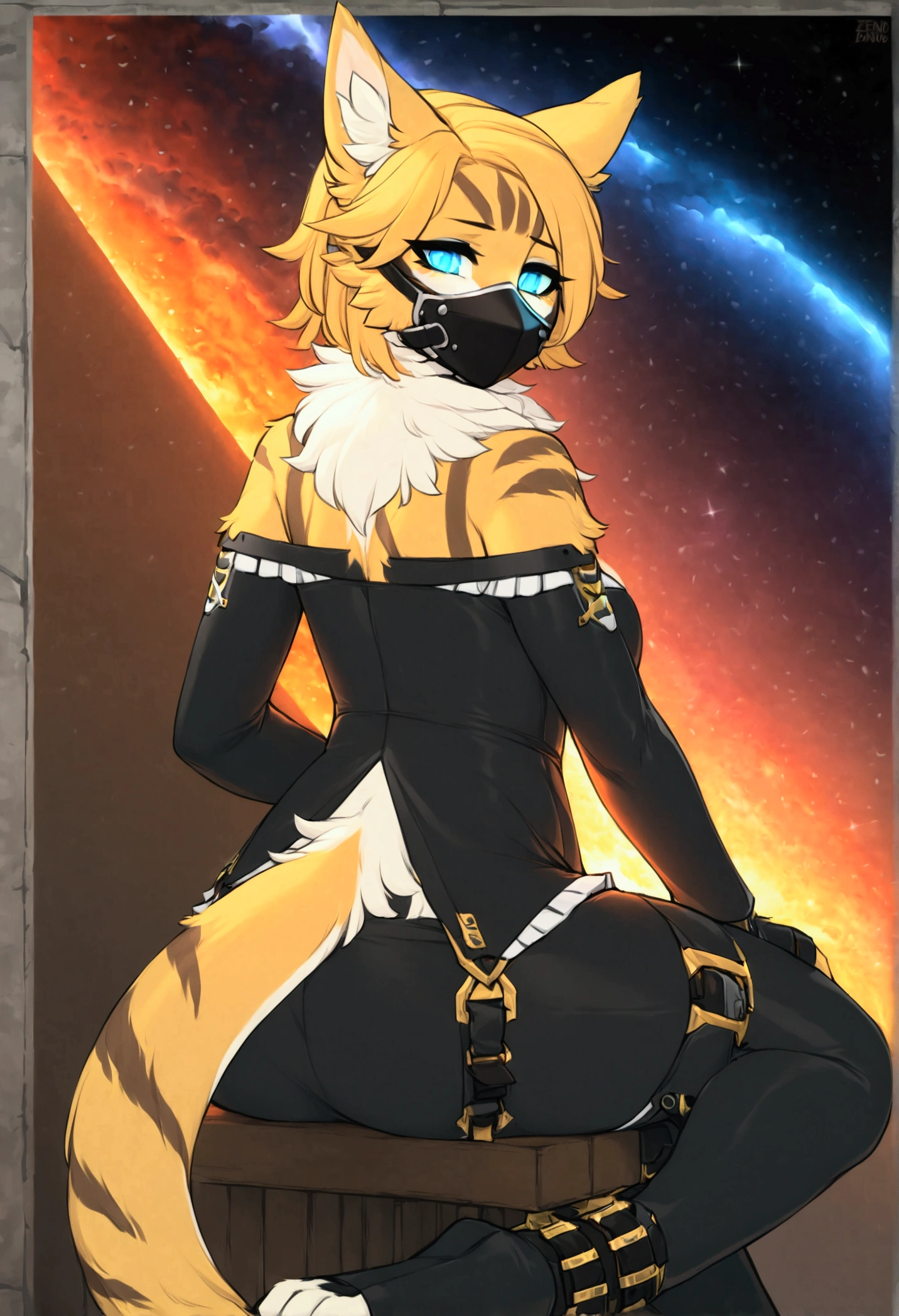 (top quality, best quality, Iriedono, High-quality illustrations, masterpiece, perfect artwork, cinematic light and shading, 16k, 1080p, uploaded on e621)(kemono, furry, anthro, alone), 1 female, (very detailed body, face, tail, arms, hands, legs, head and eyes), galaxy cat, Pulchra, (Zenless Zone Zero), galaxy body, perfect eyes, wearing a mask, galaxy eyes, beautiful galaxy nightwear, in space