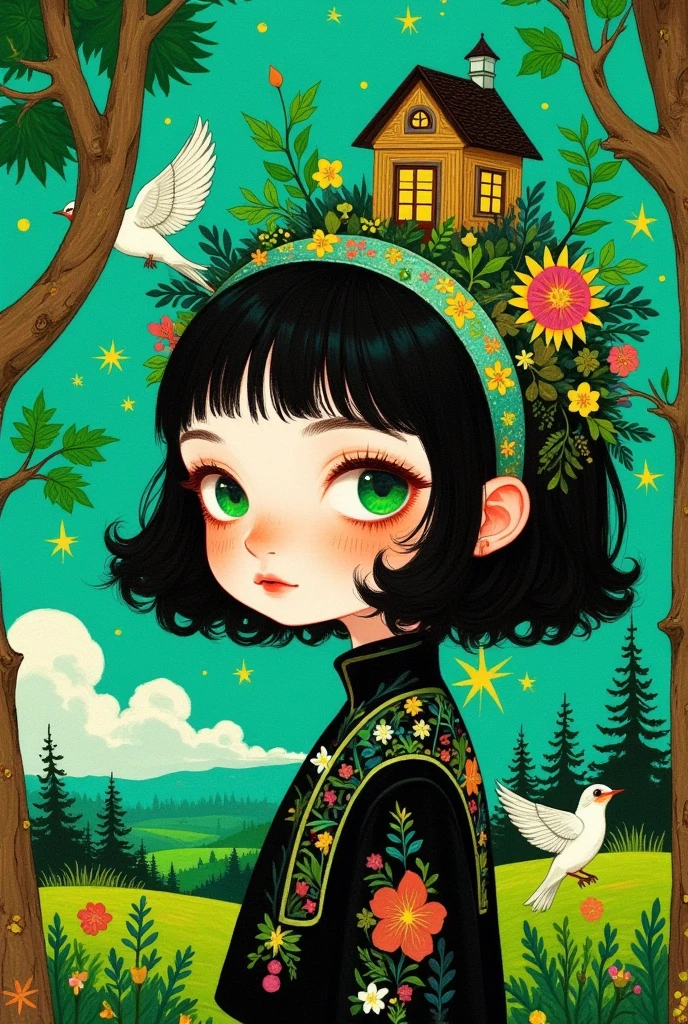  A pretty girl with green eyes ， with an elegant headband ， The hair adorns the elements of nature and the house ，With a house on her back ， with a house on her head ， The background is dense trees and rolling hills。 hand drawn illustration style， cute cartoon design ，Green Palette， Birds fly around her face ， The swallow rests on his shoulder ， by Hsiao Ron Cheng 