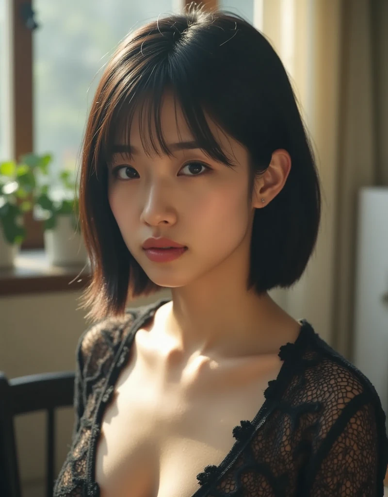 (Live Action, Bokeh, Realism: 1.2), Asian Woman, Short Bob Hair, (Cleavage: 0.9), (Slender, Thin: 1.3), (Cardigan, Lace), (Sexy), Natural Light, Bathroom,
High-resolution details show off her perfect anatomy and mesmerize the viewer with her stunning beauty. In the center of the scene, she exudes a mysterious aura. With smooth, sharp focus, the illustration explodes in high resolution, and accent lighting casts an otherworldly glow on the contrasting bright colors of the concept art.