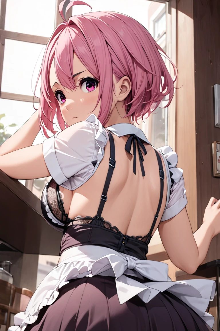 1girl, Shiratori Aira,  asymmetric casual short hair from back side, Gaps in the hair, Ahoge,  pink hair, Pink Eyes, masterpiece、 best quality、Sexy maid、Cafe、 back side low angle、Ridiculous angle of view、Sexy lingerie peeking through a miniskirt、Turn around and get cute and angry 、Mid-chest