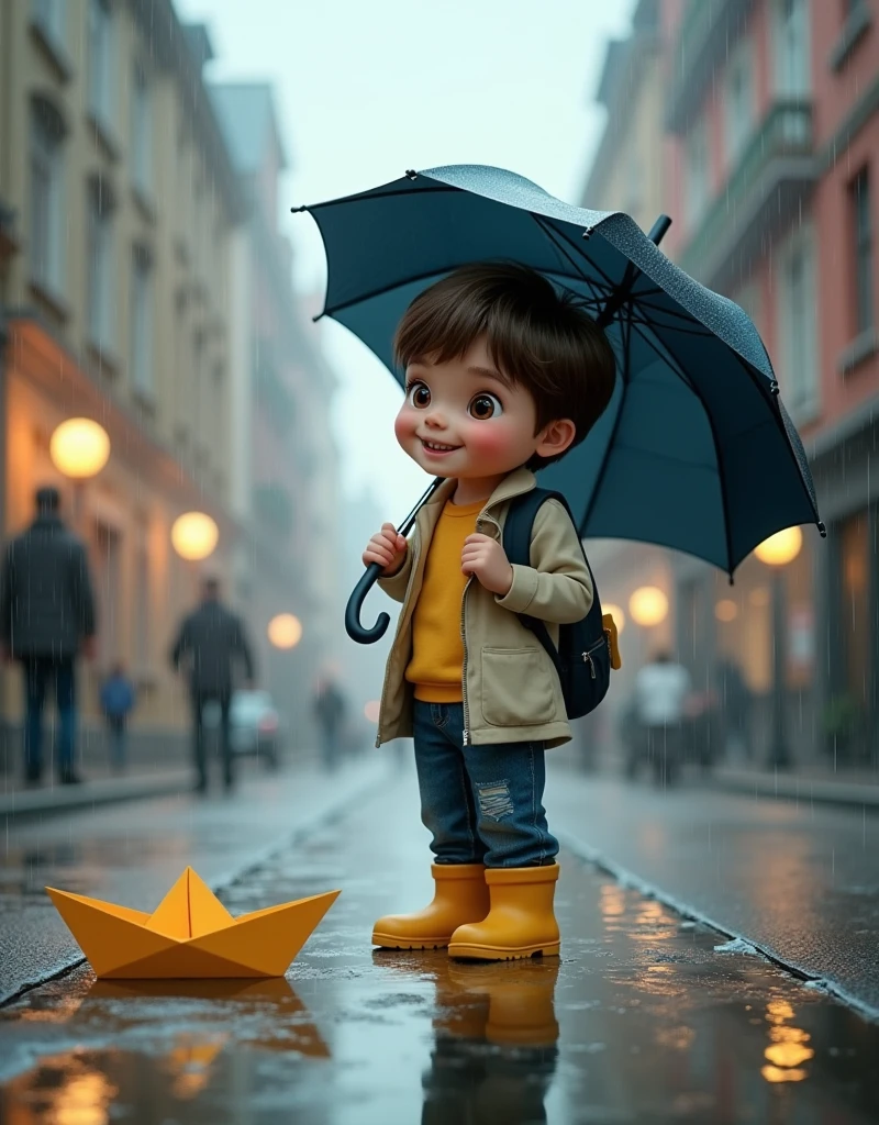 (( Maximum Quality, high detail, high color intensity ,16k render , photorealism ))  boy in a light light-colored jacket , jeans and yellow rubber boots ,  under a dark blue umbrella ( holds a dark blue umbrella in his right hand ) идет вдоль ручья на улице и смотрит как по ручью плывет paper boat( a boat made of paper ),city , rain,stream,paper boat, мальчик под зонтом смотрит на  кораблик плывущий по streamку на дороге, лужи сильный rain, cloudy, cheerful boy , photorealism ,warm emotional atmosphere ,мальчик смотрит на paper boat, the boy has a cute cheerful face ,European boy