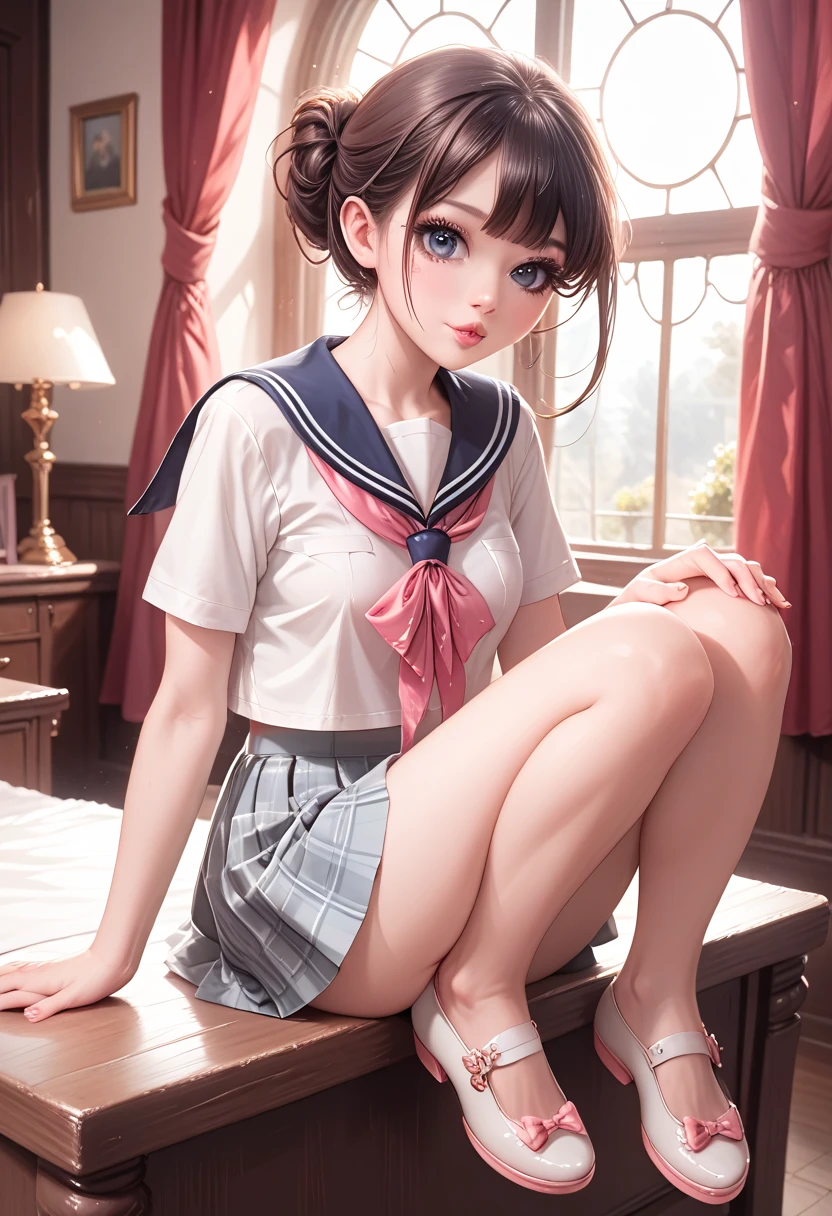 1girl, cute junior high school girl, sexy school sailor uniform, hurriedly removing shoes as she goes inside the house , panties peeking out of plaid mini-skirt, aesthetically pleasing anime style, beautiful detailed eyes, beautiful detailed lips, extremely detailed eyes and face, long eyelashes, intricate details, soft lighting, warm color tones, elegant, whimsical, dreamlike, high quality, 8k, masterpiece, photorealistic