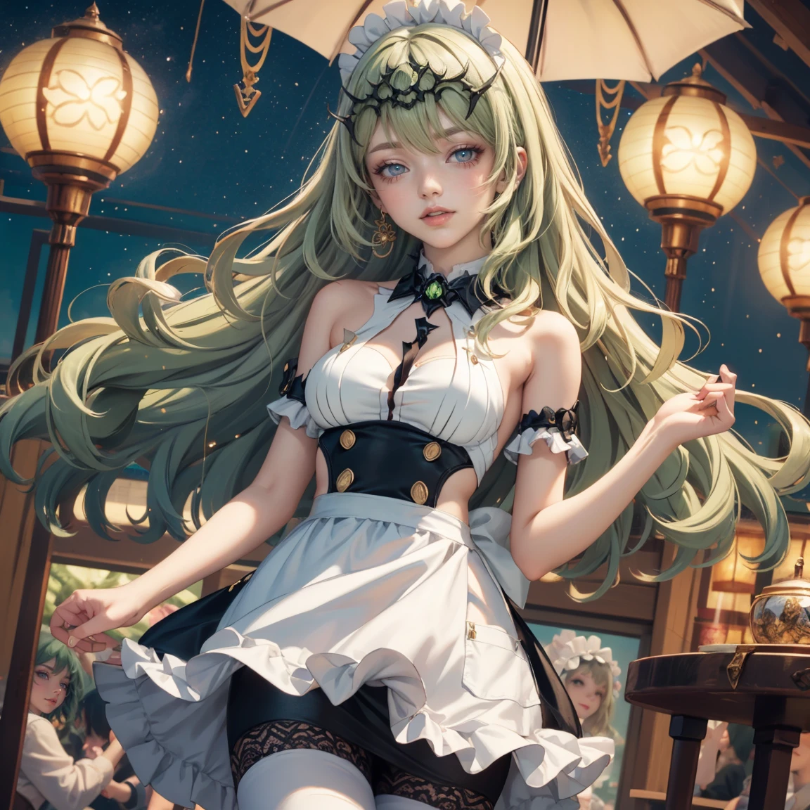 1girl, dress, jewelry, green hair, flowing hair, long hair, solo, white roses, jaguar ears, jaguar tail, firefly, long flowing hair, floating hair, ornament hair, Looking at the viewer, flowing hair, magical girl, Beautiful Eyes, maid, maid dress, maid headdress, white headdress, maid apron, white apron, dress with too many frills, black dress, black laces, white Short skirt, skirt with layers, small skirt, skirt with layers, Drape clothes, green gem, Lace trim, lux garden, luxury gold details, gold jewelry, more details, best quality, blushing, Striped Lace Stockings, short skirt, sparkle, solo, centered girl, cowboy shot, glowing hair, white roses, magical girl, sparkles, more details on her clothes, dress with transparency, golden details on her dress, night, oriental lanterns