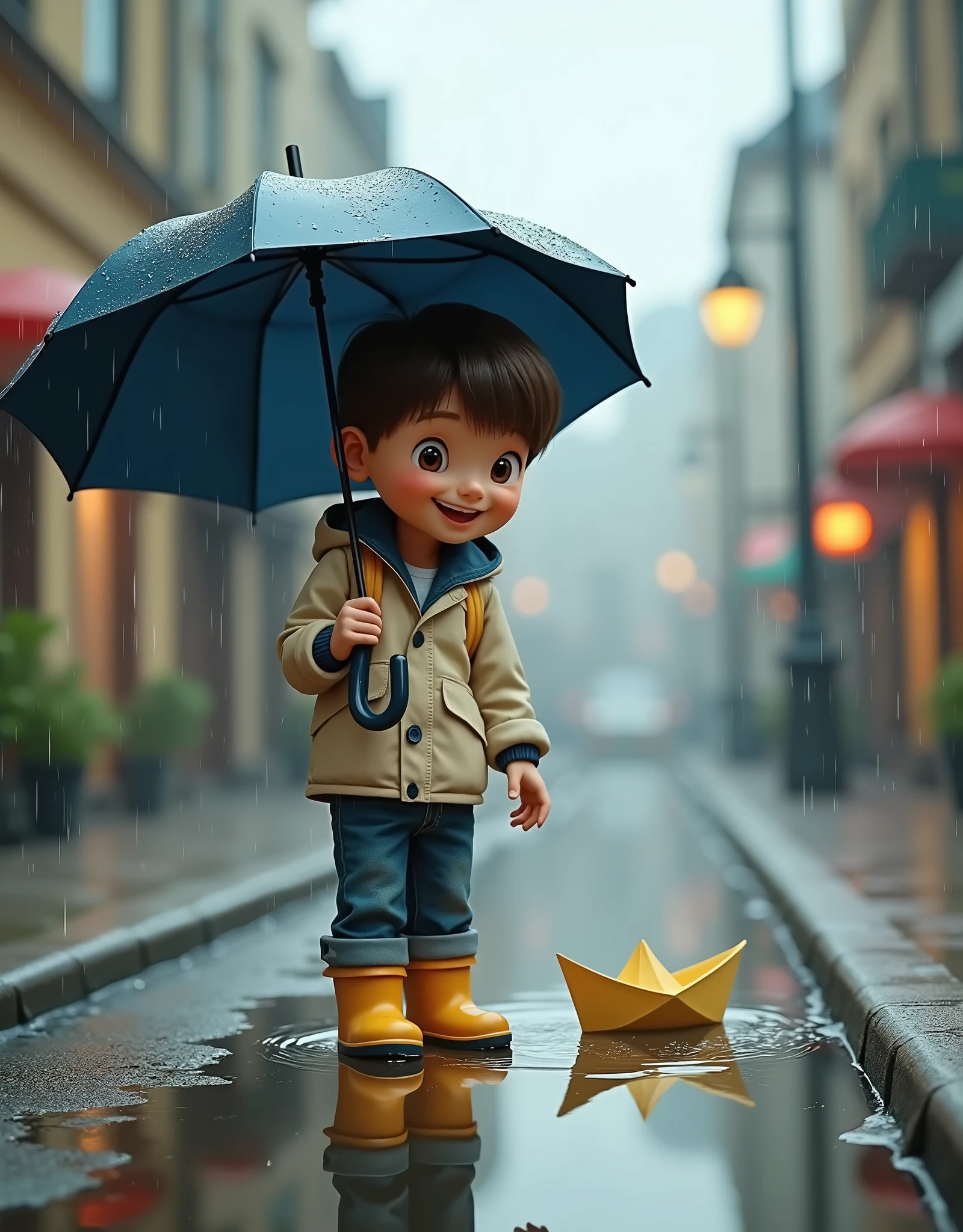 (( Maximum Quality, high detail, high color intensity ,16k render , photorealism ))  boy in a light light-colored jacket , jeans and yellow rubber boots ,  under a dark blue umbrella ( holds a dark blue umbrella in his right hand ) идет вдоль ручья на улице и смотрит как по ручью плывет paper boat( a boat made of paper ),city , rain,stream,paper boat, мальчик под зонтом смотрит на  кораблик плывущий по streamку на дороге, лужи сильный rain, cloudy, cheerful boy , photorealism ,warm emotional atmosphere ,мальчик смотрит на paper boat, the boy has a cute cheerful face ,European boy