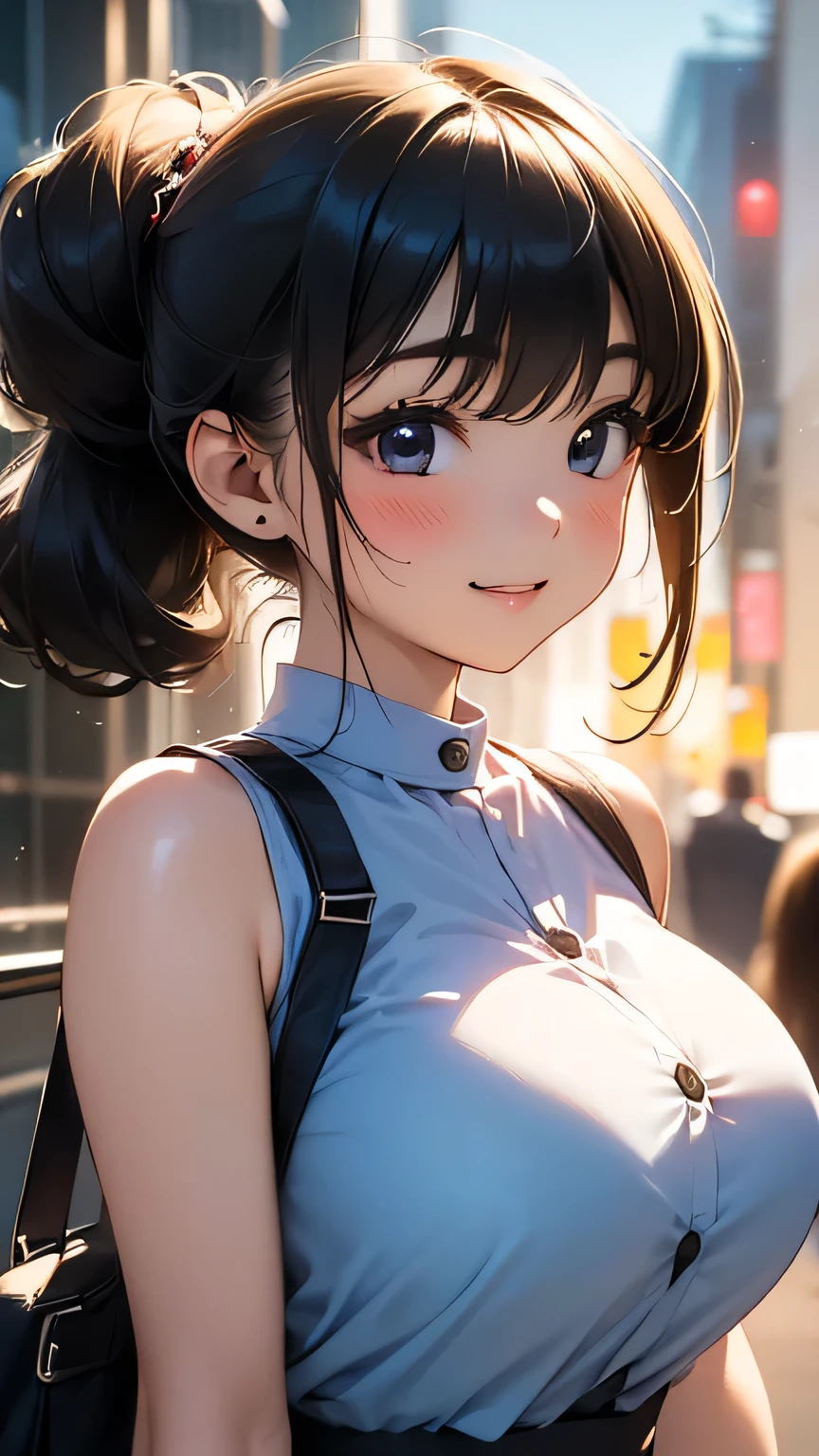  young woman、smile、(( random hairstyle))、 Blushing 、((masterpiece、 high definition 、16k))、(( Random Design Springwear))、(Very close:1.5)、EXPLORE THE CITY AT NIGHT 、( focus on the upper body :1.5), huge breasts, button gap
