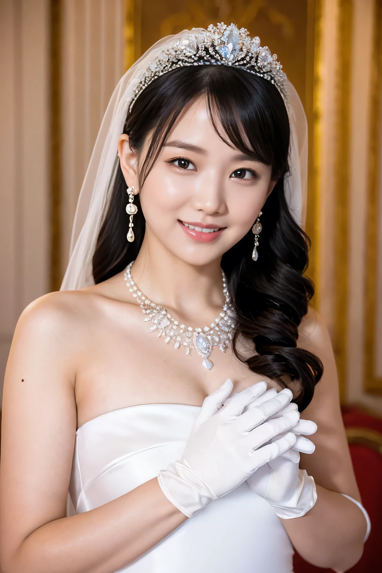 jewelry, 1girl, dress, necklace, realistic, white dress, indoors, hair ornament, looking at viewer, gloves, pearl necklace, earrings, flower, mole, elbow gloves, black hair, solo, upper body, smile, mole under mouth, hair flower, white gloves, solo focus, bare shoulders, wedding dress, lips