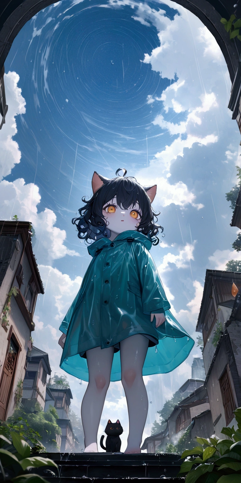 
heavy storm,wind,(heavy rain:1.5), (big raindrops:1.5), (rainy sky:1.5),(many rain ripples:1.3). 1girl/((catgirl:1.3),(furry:1.2),kemono,(chibi:1.2),cat ear,cat eye,cute, kawaii,hair floating, hair shining brightly, curly hair, short hair, messy hair, eye color cosmic, big eyes, (dynamic angle:1.4),(from below:1.4), long shot,short pants,(Walking:1.5) dynamically, (steps:1.3), skipping, (walk heavy steps:1.4),(big smile:1.3),open mouth,fangs,wet hair, wet, cute raincoat,happy,dynamic,in distance,full body,floating\) .background\(heavy rain, dark sky, beautiful waterdrops, long shot\),(from below:1.7),(ground level shot:1.7),(from directly below:1.7). score_9, score_8_up, score_7_up, score_6_up, score_5_up, score_4_up, source_anime,source_furry,rating_safe,rating_questionable,masterpiece, best quality, perfect anatomy , very aesthetic , absurdres,,realistic rain, high speed shutter, (fisheye lens), (focus on waterdrops), (landscape of sky:1.5), (dynamic angle:1.3),(long shot),(wide shot)