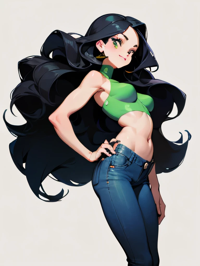 A sticker ，  1 future beauty  ， simple bottom ,  sticker, cartoon of beautiful woman , ( masterpiece), cuerpo entero:1.2, 8K,  cartoon of a black-haired woman, long,  wavy hair blue reflections ,  small nose with some freckles , big green eyes, Labios pequeños,  slim body,  BIG ROUND BREASTS ,  wide hips ,  thick and toned legs ,  wears a short top , neckline nsfw ,  denim pants short ,  pose of 3 :4,  seductive smile 