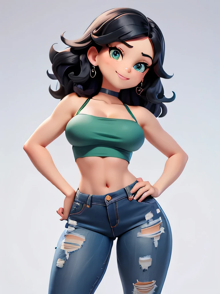 A sticker ，  1 future beauty  ， simple bottom ,  cartoon of beautiful woman , ( masterpiece), cuerpo entero:1.2, 8K,  cartoon of a black-haired woman, long,  wavy hair blue reflections ,  small nose with some freckles , big green eyes, Labios pequeños,  slim body,  BIG ROUND BREASTS ,  wide hips ,  thick and toned legs ,  wears a short top , neckline nsfw ,  denim pants short ,  pose of 3 :4,  seductive smile 