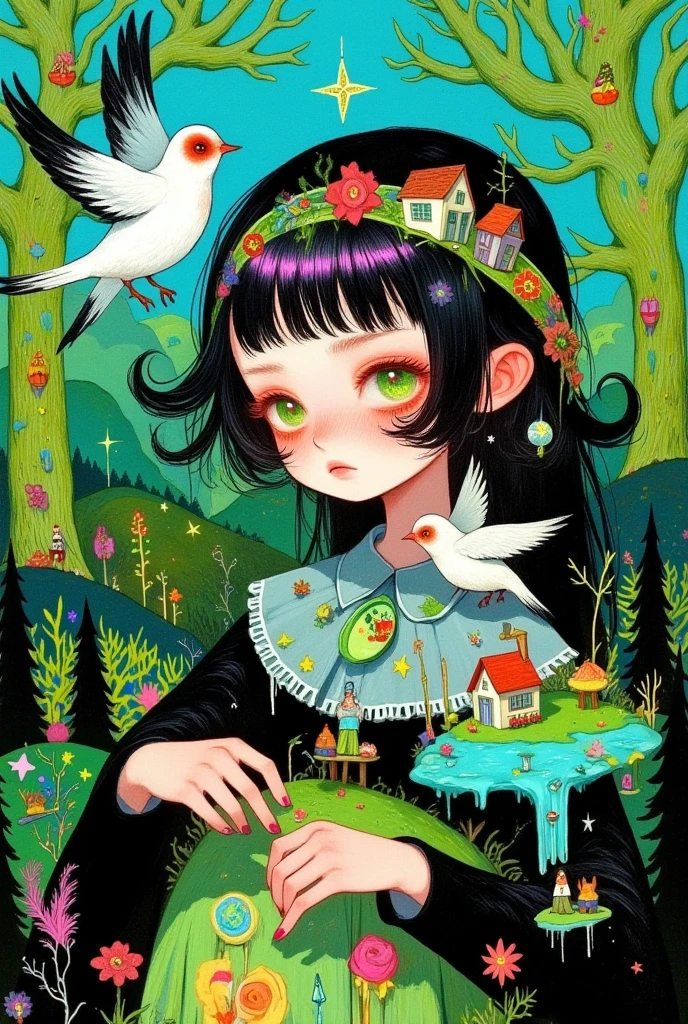  A pretty girl with green eyes ， with an elegant headband ， The hair adorns the elements of nature and the house ，With a house on her back ， with a house on her head ， The background is dense trees and rolling hills。 hand drawn illustration style， cute cartoon design ，Green Palette， Birds fly around her face ， The swallow rests on his shoulder ， by Hsiao Ron Cheng 