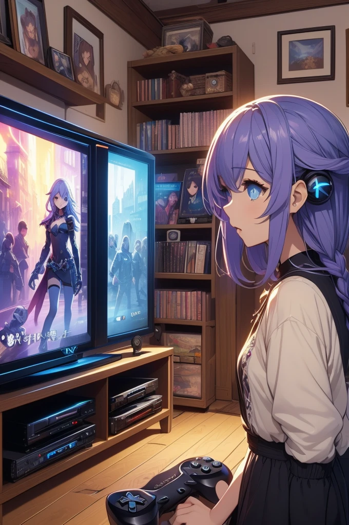 (((masterpiece))), (((best quality))), (((from side))), (((playing videogame))), ((RPG game interface on TV)), manga bookcase, playstation, solo, 1girl, 