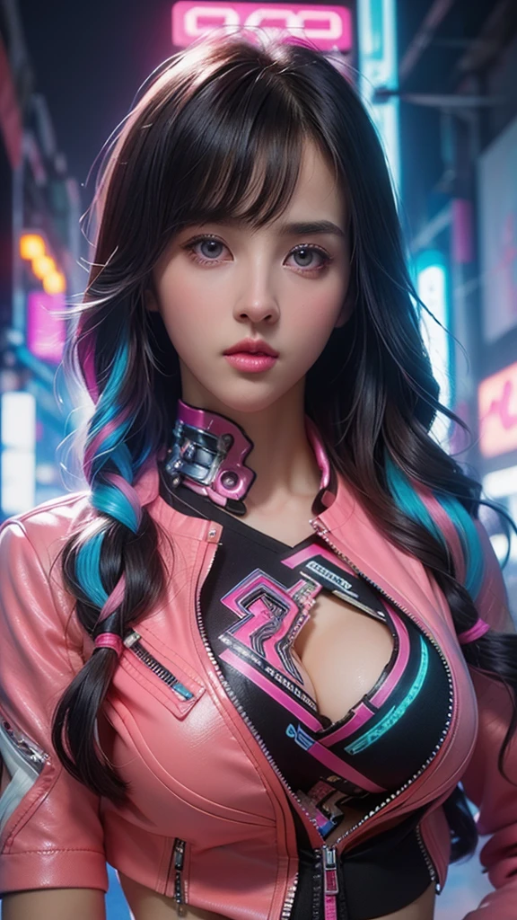 (masterpiece, highest quality, highest quality, Official Art, beautifully, aesthetic:1.2), Staring at the viewer, Portrait Photography, (Cyberpunk beautiful girl 1 person), Big iridescent eyes, Beautiful skin, (Pink and blue long hair with bangs), Very detailed, (Neon colored fractal art:1.3), Perfect lighting, Sharp focus, High resolution, High resolution, High color rendering, High resolution, Super realistic,