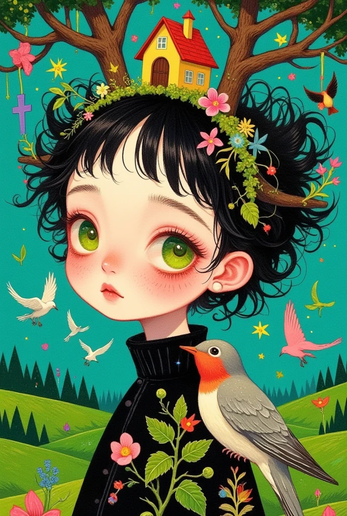  A pretty girl with green eyes ， with an elegant headband ， The hair adorns the elements of nature and the house ，With a house on her back ， with a house on her head ， The background is dense trees and rolling hills。 hand drawn illustration style， cute cartoon design ，Green Palette， Birds fly around her face ， The swallow rests on his shoulder ， by Hsiao Ron Cheng 