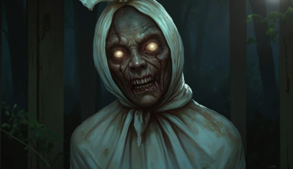 a terrifying pocong ghost, extremely detailed, intricate and vivid, malevolent expression, dark shadowy figure, haunting and ominous presence, decaying bandaged body, glowing supernatural eyes, floating above the ground, ethereal and otherworldly, photorealistic, cinematic lighting, gloomy and foreboding atmosphere, dark fantasy horror