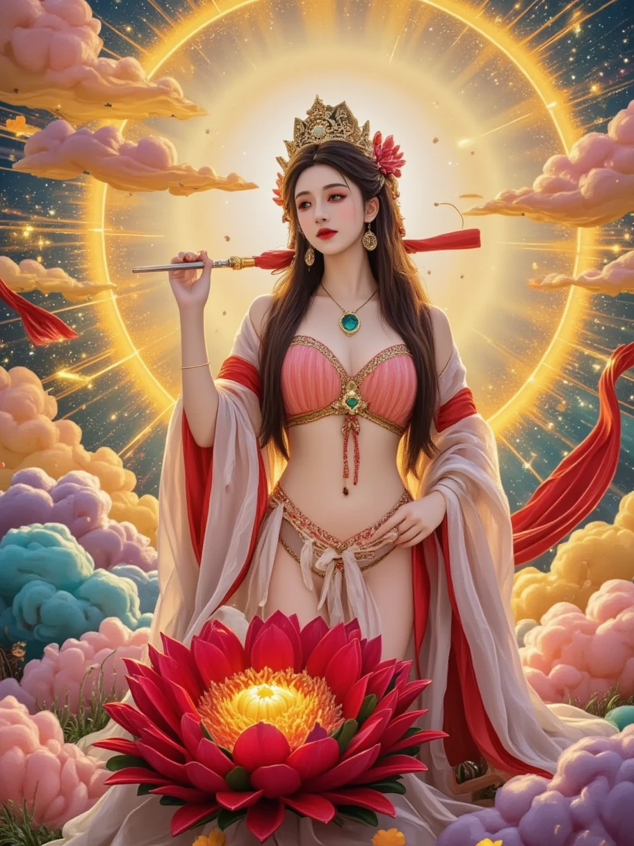 thangka illustration，Colorful flying sky ，flowing red silk， A beautiful goddess with a golden cloud and sky background，portrait，Very beautiful fairy ，Statue of Tara Bodhisattva ， red eyeshadow， red face ，Red lips，front， skin details ，Fine hair。Crown(Dot emerald ，Cloisonne， filigree enamel，flower，pearl，tassel)， upper body , 手持莲flower， fair skin ,  is surrounded by clouds， has a golden halo on her face ，(((yarn，Satin， red silk streamer)))，golden fantasy ，Glowing particles， ray tracing ，Double Exposure，A little white rabbit