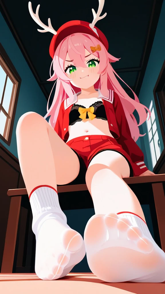 score_9,score_8_up,score_7_up,score_6_up,score_5_up, Foot Focus, hypnotic, foot fetish, sole, no shoes, high quality 3D rendered Anime style, manipulative, superior, dynamic, each foot has only 5 toes, perfect feet, immaculate soles, lineless art but clear distinction between body parts, POV from the viewer's view, small but high arched feet,  super high quality, I am not seen, only the girl, the Girl is yanfei, yanfeirnd, antlers, horns, pink hair, long hair, hair between eyes, (green eyes:1.5), black bra, black shorts, bow, bra, long sleeves, midriff, navel, red headwear, red skirt, red vest, shorts, skirt, vest, yellow bow, the girl stands in front of the viewer, the soles of the feet in socks of the girl at the face of the viewer, calculative, smug, controling, empty school hallway in the background, thin socks, the socks are a bit see-through