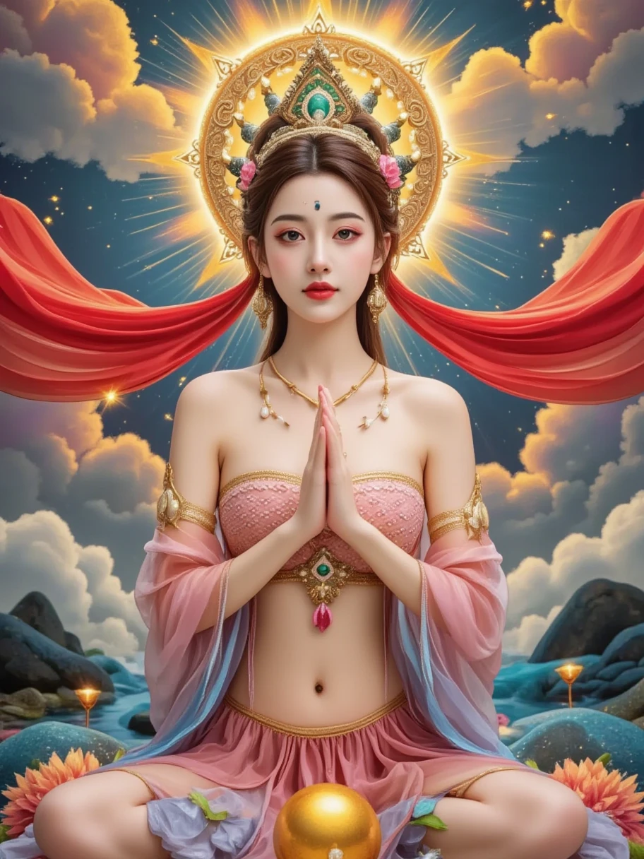 thangka illustration，Colorful flying sky ，flowing red silk， A beautiful goddess with a golden cloud and sky background，portrait，Very beautiful fairy ，Statue of Tara Bodhisattva ， red eyeshadow， red face ，Red lips，front， skin details ，Fine hair。Crown(Dot emerald ，Cloisonne， filigree enamel，flower，pearl，tassel)， upper body , 手持莲flower， fair skin ,  is surrounded by clouds， has a golden halo on her face ，(((yarn，Satin， red silk streamer)))，golden fantasy ，Glowing particles， ray tracing ，Double Exposure，A little white rabbit