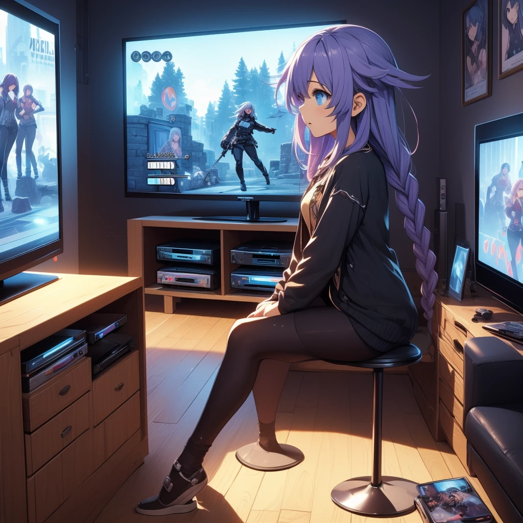 (((masterpiece))), (((best quality))), (((from side))), (((playing videogame))), ((RPG game interface on TV)) casual dress, Primer plano, solo, one girl