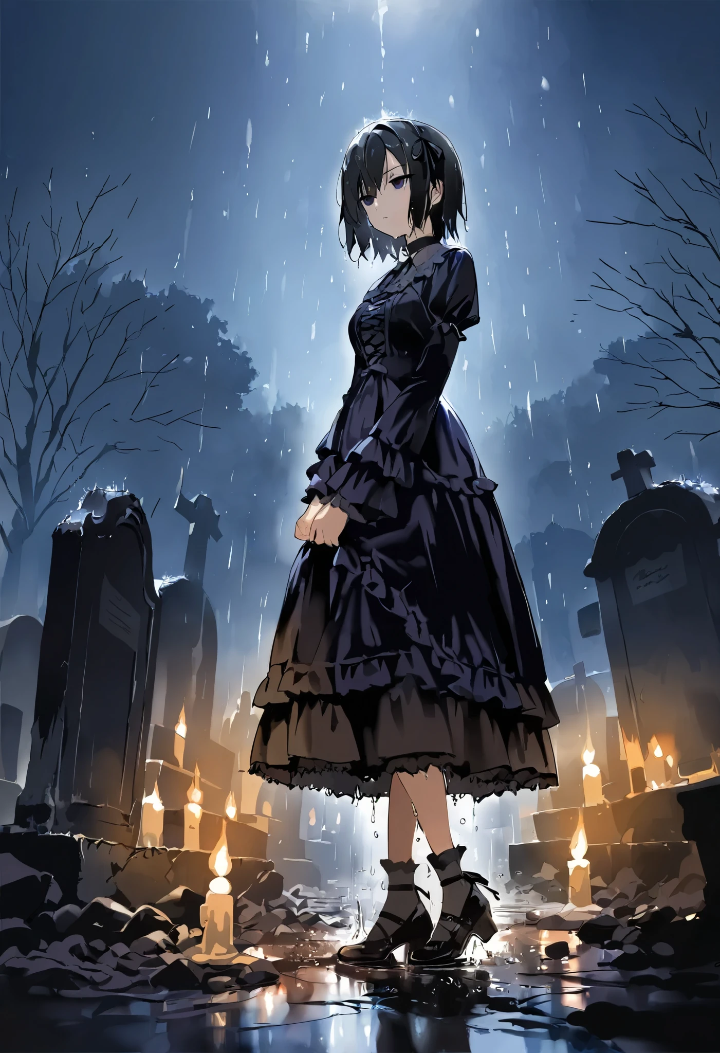 masterpiece, best quality, 8k, highres, ultra-detailed,HDR, UHD, studio lighting, ultra-fine painting, sharp focus, physically-based rendering, extreme detail description, professional, vivid colors, BREAK,illustration, best quality, cinematic lighting, dark gothic style, full body ,side view, 1girl, wet hair, gothic dress,(walking, nobly and solemnly),derelict graveyard, tilted head,melancholy eyes,heavy rainy night, dim lighting, wet ground, candlelight, dramatic atmosphere