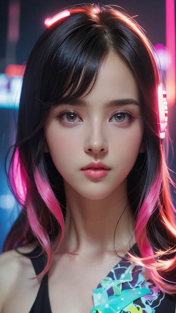 (masterpiece, highest quality, highest quality, Official Art, beautifully, aesthetic:1.2), Staring at the viewer, Portrait Photography, (Cyberpunk beautiful girl 1 person), Big iridescent eyes, Beautiful skin, (Pink and blue long hair with bangs), Very detailed, (Neon colored fractal art:1.3), Perfect lighting, Sharp focus, High resolution, High resolution, High color rendering, High resolution, Super realistic,