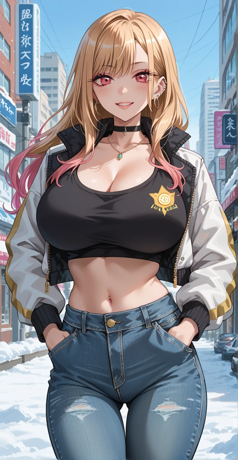 KJOmarin, blonde hair, long hair, pink eyes, earrings, ear piercing, multicolored hair, score_9, score_8_up, score_7_up, source_anime, masterpiece,best quality, huge breasts, flash gyaru, Crop top, Black crop top, jacket, bomber jackets, denim pants, short pants, denim hot pants, hand on pocket, cool face, looking at viewer, winter, city, Thigh thighs, 