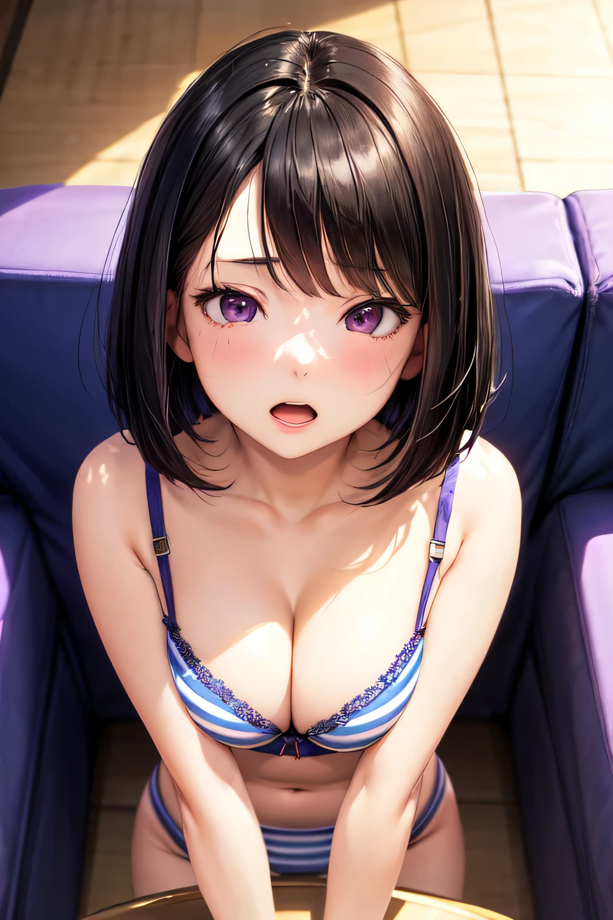 realisitic、top-quality、 1 人、30-years old、purple hair,bobhair、cat ear、saliva、orgasm、PVC bikini、Big breasts 、all fours,profetional lighting