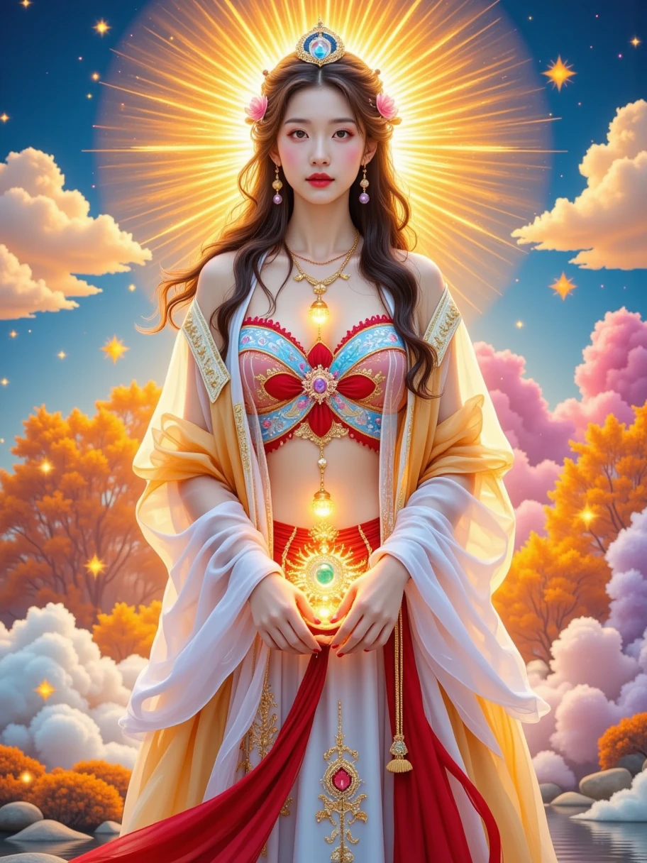 thangka illustration，Colorful flying sky ，flowing red silk， A beautiful goddess with a golden cloud and sky background，portrait，Very beautiful fairy ，Statue of Tara Bodhisattva ， red eyeshadow， red face ，Red lips，front， skin details ，Fine hair。Crown(Dot emerald ，Cloisonne， filigree enamel，flower，pearl，tassel)， upper body , 手持莲flower， fair skin ,  is surrounded by clouds， has a golden halo on her face ，(((yarn，Satin， red silk streamer)))，golden fantasy ，Glowing particles， ray tracing ，Double Exposure，A little white rabbit