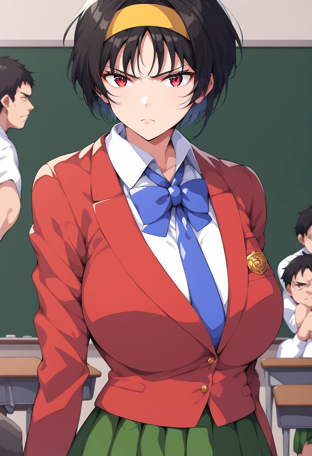  1 girl , large 胸, Serious, (classroom:1.4), hayami_Ryoko , red eyes, short hair, black hair, hairband, blue necktie, red blazer, school uniform, collared shirt, green skirt,,  score_9,  score_8_up,  score_7_up, BREAK Source_Anime,  best quality, masterpiece,  No posts, Alone,Big Breasts　 middle-aged fat old man