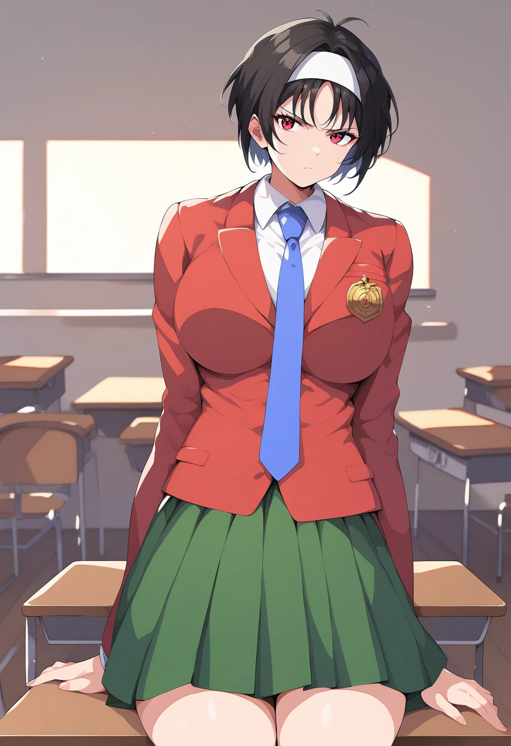  1 girl , large 胸, Serious, (classroom:1.4), hayami_Ryoko , red eyes, short hair, black hair, hairband, blue necktie, red blazer, school uniform, collared shirt, green skirt,,  score_9,  score_8_up,  score_7_up, BREAK Source_Anime,  best quality, masterpiece,  No posts, Alone,Big Breasts　 middle-aged fat old man