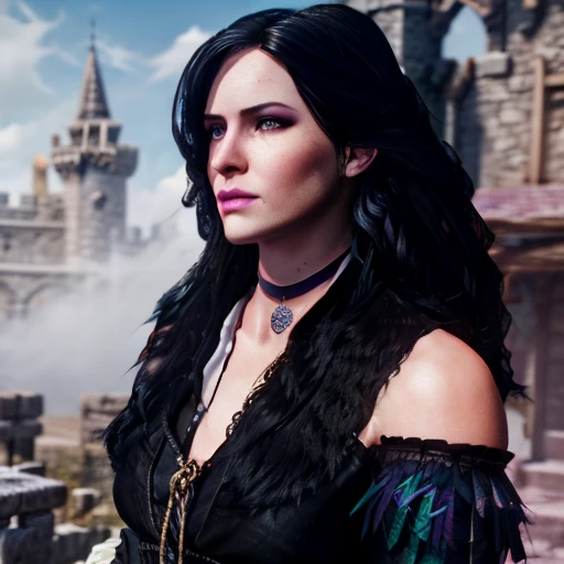 Yennifer The Witcher black hair ,  violet eyes with a heart-shaped pendant around her neck in bright clothes against the background of a majestic white castle around her pink fog aura of love art 3d fantasy against the background of a huge castle