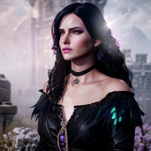 Yennifer The Witcher black hair , Wearing makeup, unearthly beauty, incredibly beautiful, Unearthly,  violet eyes with a heart-shaped pendant around her neck in bright clothes against the background of a majestic white castle around her pink fog aura of love art 3d fantasy against the background of a huge castle