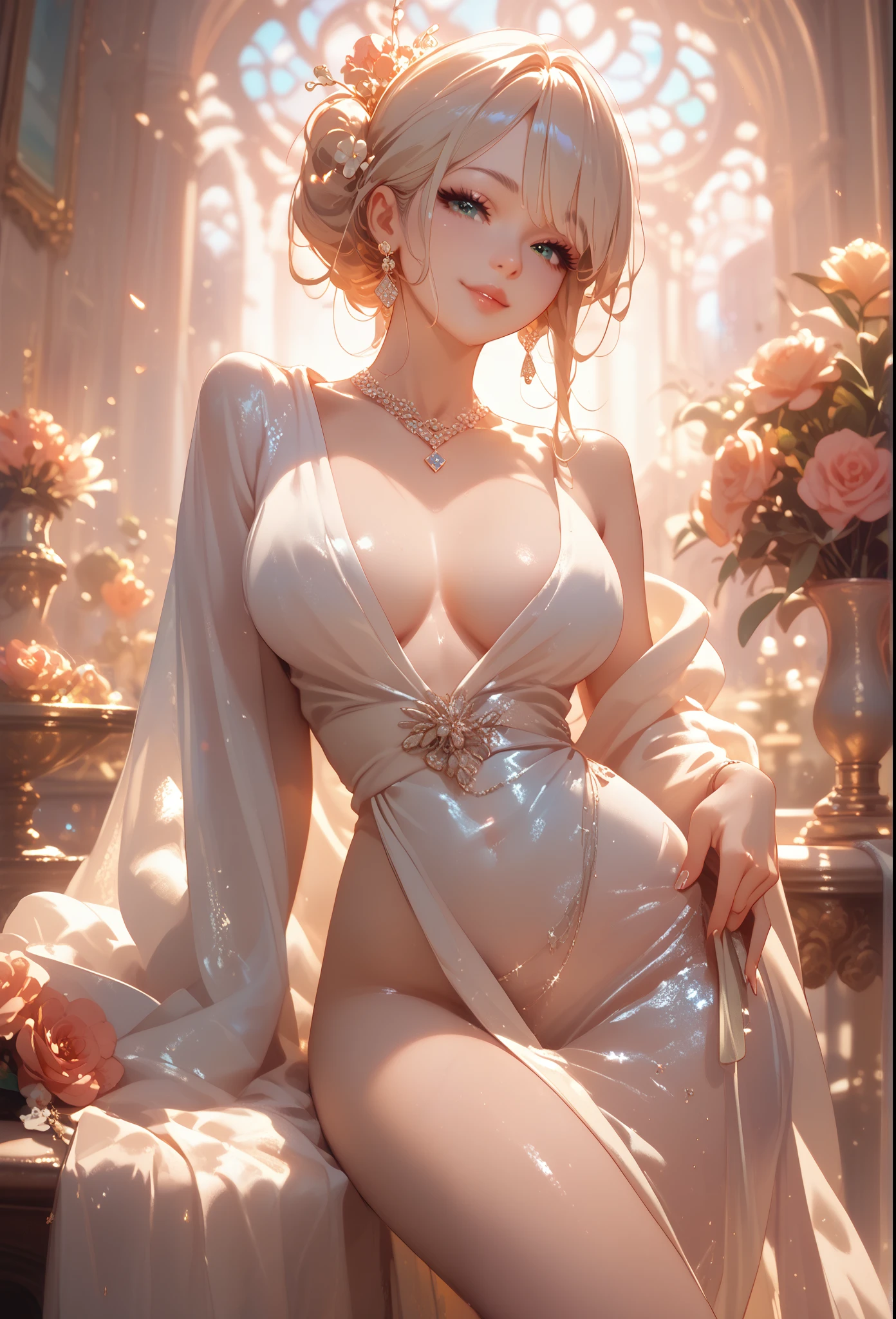 Elegant and beautiful, secretly sensual, kind friend , wearing only an open silk robe