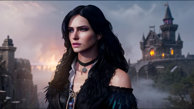 Yennifer The Witcher black hair , Wearing makeup, unearthly beauty, incredibly beautiful, Unearthly,  violet eyes with a heart-shaped pendant around her neck in bright clothes against the background of a majestic white castle around her pink fog aura of love art 3d fantasy against the background of a huge castle