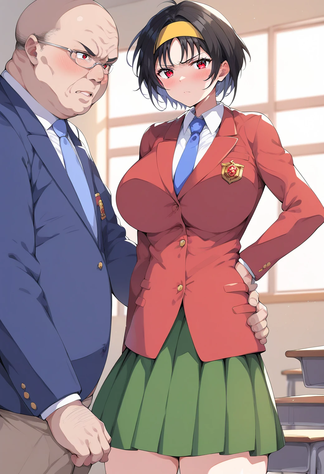  1 girl , large 胸, Serious, (classroom:1.4), hayami_Ryoko , red eyes, short hair, black hair, hairband, blue necktie, red blazer, school uniform, collared shirt, green skirt,,  score_9,  score_8_up,  score_7_up, BREAK Source_Anime,  best quality, masterpiece,  No posts, Alone,Big Breasts　 middle-aged fat old man　Man grabs chest from behind　blush