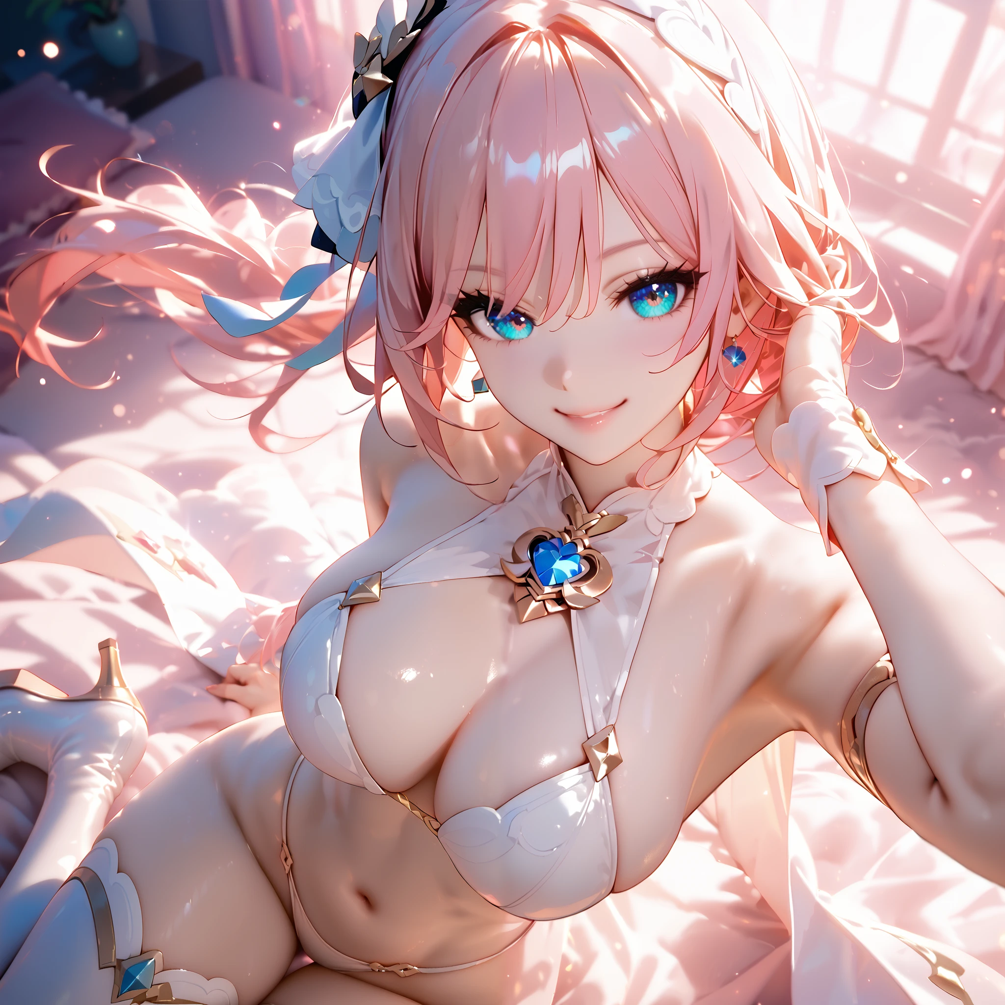 1 female university student In underwear white underwear lace bra glamorous glamorous figure pink hair color head band white stockings smile shyly rest one's chin on one's chin