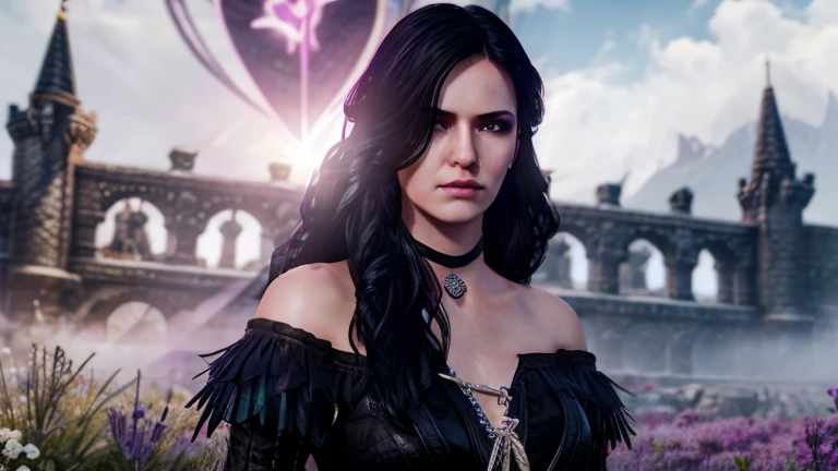 Yennifer The Witcher black hair ,  violet eyes with a heart-shaped pendant around her neck in bright clothes against the background of a majestic white castle around her pink fog aura of love art 3d fantasy against the background of a huge castle