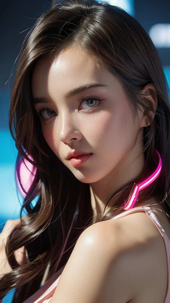 (masterpiece, highest quality, highest quality, Official Art, beautifully, aesthetic:1.2), Staring at the viewer, Portrait Photography, (Cyberpunk beautiful girl 1 person), Big iridescent eyes, Beautiful skin, (Pink and blue long hair with bangs), Very detailed, (Neon colored fractal art:1.3), Perfect lighting, Sharp focus, High resolution, High resolution, High color rendering, High resolution, Super realistic,