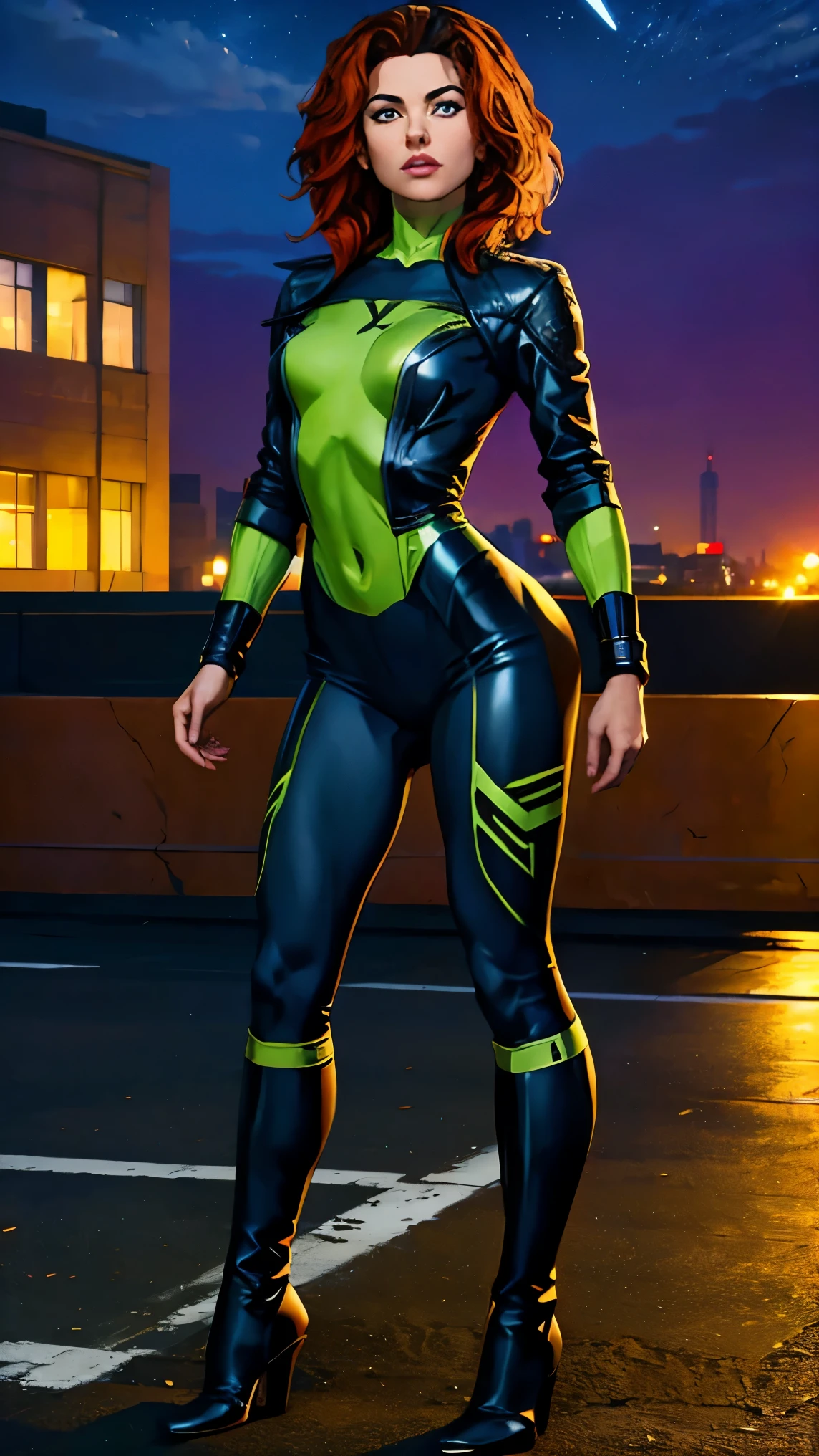 ((Full body photo, standing, feet on the ground)) (best quality, 4k, 8k, high resolution, cyclist body, masterpiece: 1,2), ultra-detailed, (realistic, photorealistic, photorealistic: 1, 37), full body photo, Rogue, X-Men, yellow high boots, beauty pose, standing, show feet, outside, city roof at night, green bandana
