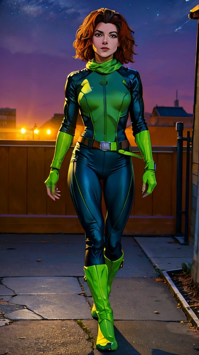 ((Full body photo, standing, feet on the ground)) (best quality, 4k, 8k, high resolution, cyclist body, masterpiece: 1,2), ultra-detailed, (realistic, photorealistic, photorealistic: 1, 37), full body photo, Rogue, X-Men, yellow high boots, beauty pose, standing, show feet, outside, city roof at night, green bandana
