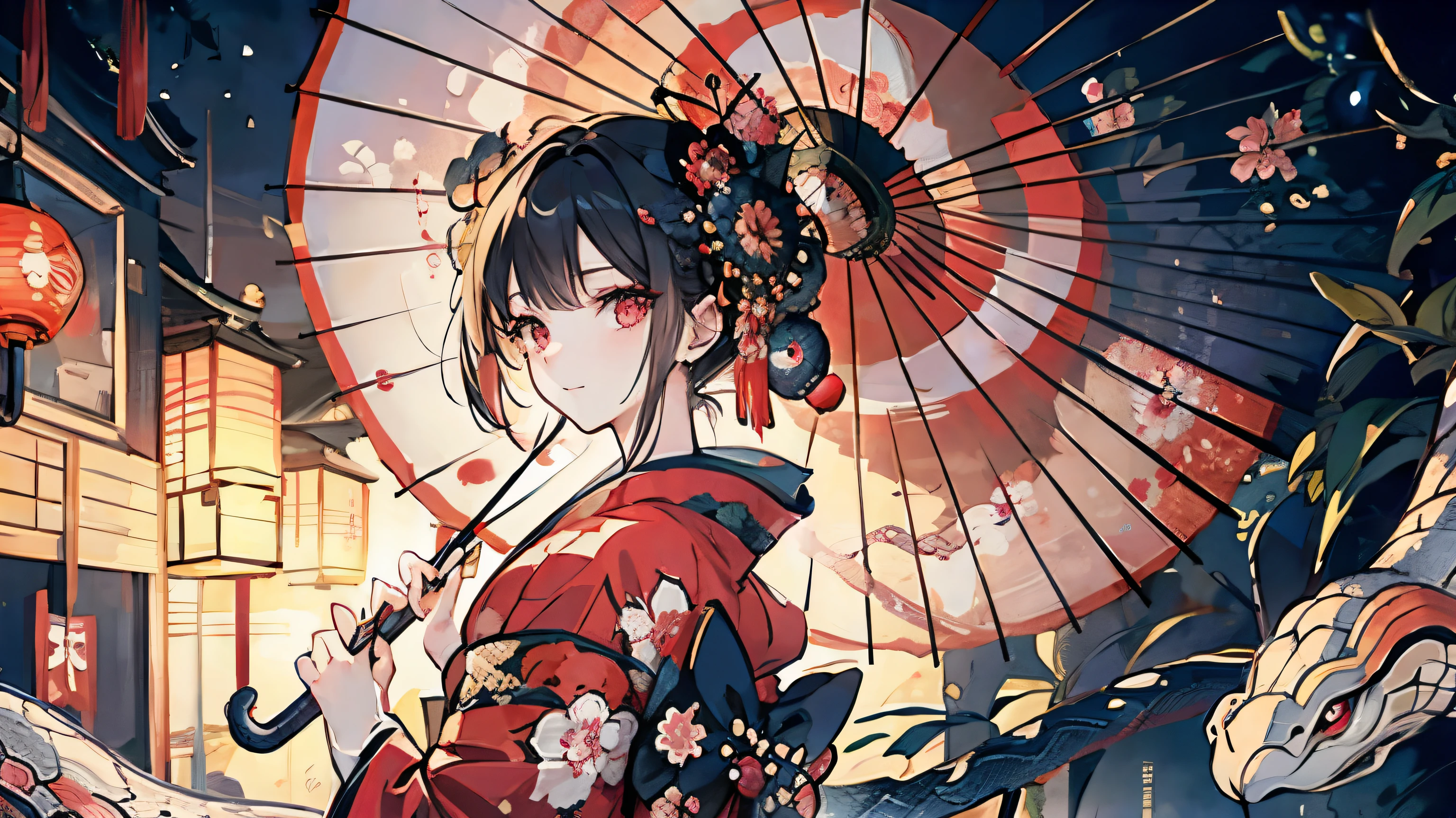 ((  best quality )),(  ultra high resolution),( very detailed),( detailed description ),(( best CG )),(a masterpiece),Ultra Precise Art , Amazing Paintings ,( Japanese Art with Precise Details:1.5), (woman:1.5),( Beautiful Well-balanced Face :1.5),( Kimono with Intricate and Detailed Designs :1.5),(Snake Eye Umbrella :1.7),Beautiful woman looking back:1.3,  When it rains  :1.4