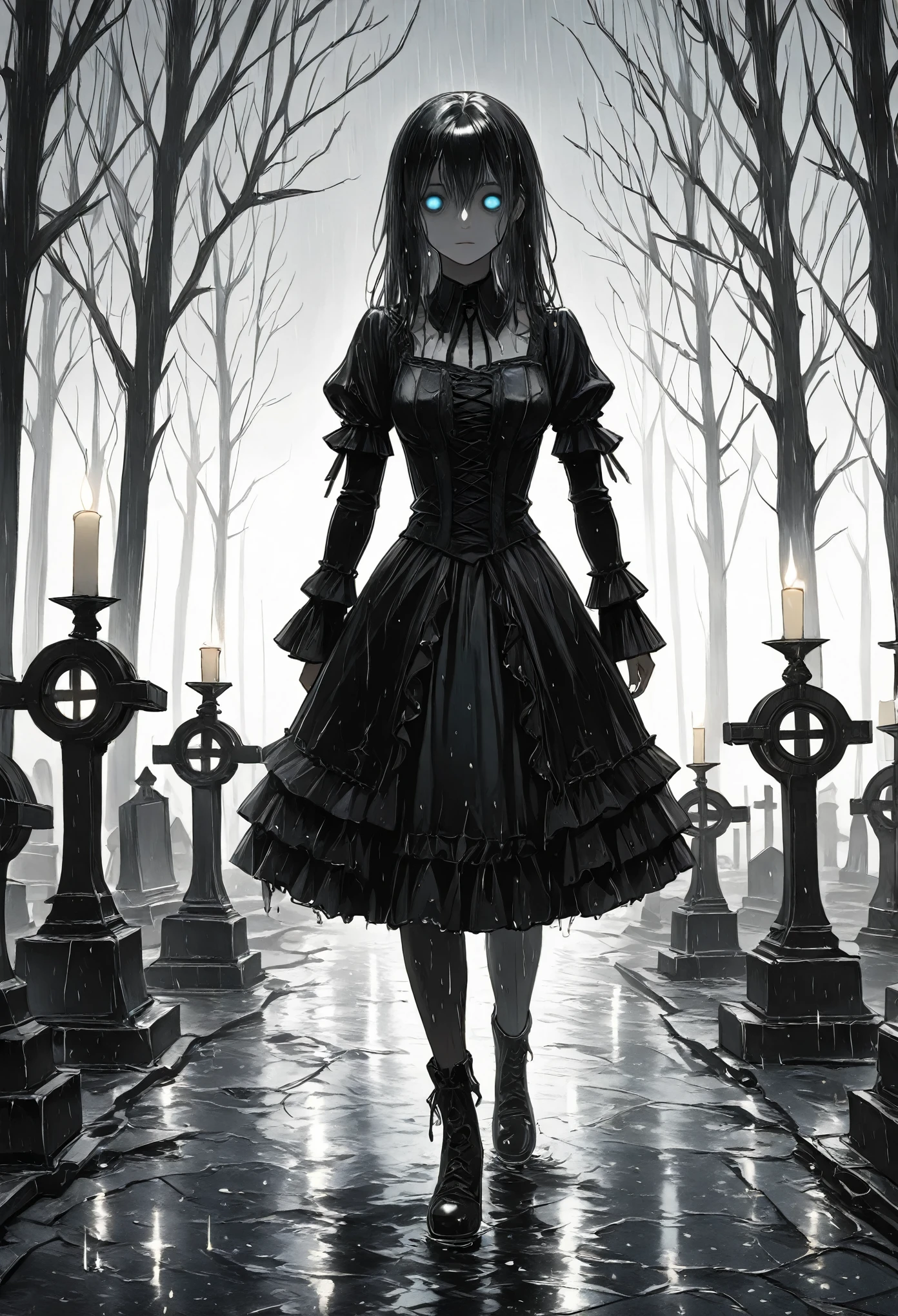 illustration, best quality, cinematic lighting, dark gothic style, full body shot, 1girl, wet hair, gothic dress,(walking, nobly and solemnly),derelict graveyard, tilted head, grey glowing eyes,heavy rainy night, dim lighting, wet ground, candlelight, dramatic atmosphere