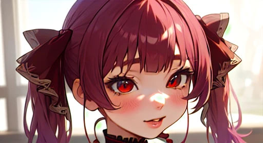 a young girl with long red hair, beautiful detailed eyes, beautiful detailed lips, extremely detailed face, longeyelashes, white background, cool, cute, flirty, twin tails, ribbon, (best quality,4K,8k, highres icon,masterpiece:1.2),ultra-detailed,(realistic,photorealistic,photo-realistic:1.37),illustration,vibrant colors,soft lighting,Overall,Red eyes,Red eyes